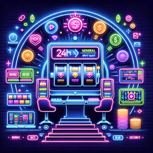 "Create an image representing the article about Neon24h, a popular online slot platform, as described on manjunathsinge.com. The image should include: A modern, visually appealing interface showcasing slot machines. Neon lights and vibrant colors to emphasize the 'Neon' theme. Highlights of ease of access, security features, and user-friendly design. Icons or graphics representing bonuses, promotions, and various gaming options available on the platform."